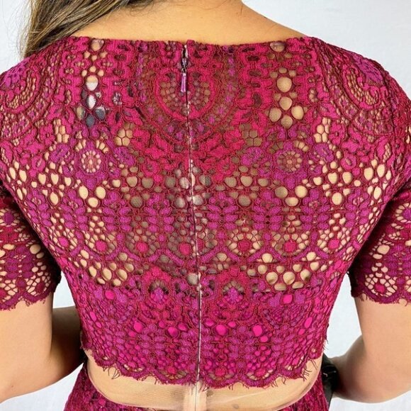 Marchesa Notte Deep Red Lace Sheer Dress $795 - Picture 7 of 12